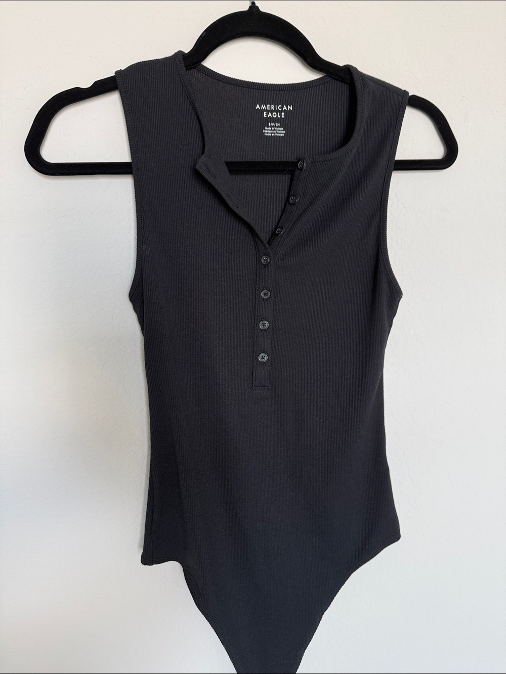 American Eagle Outfitters Black Ribbed Henley Sleeveless Bodysuit